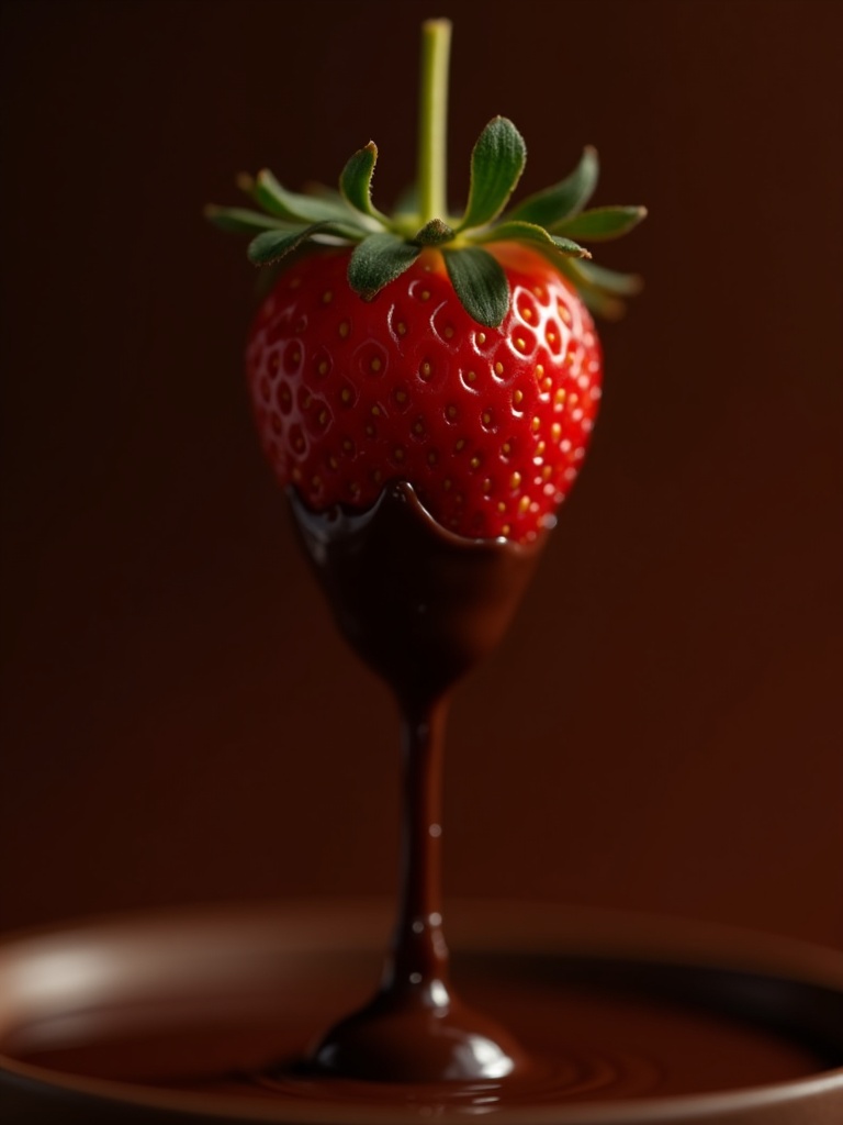 A strawberry being hand-dipped in chocolate
