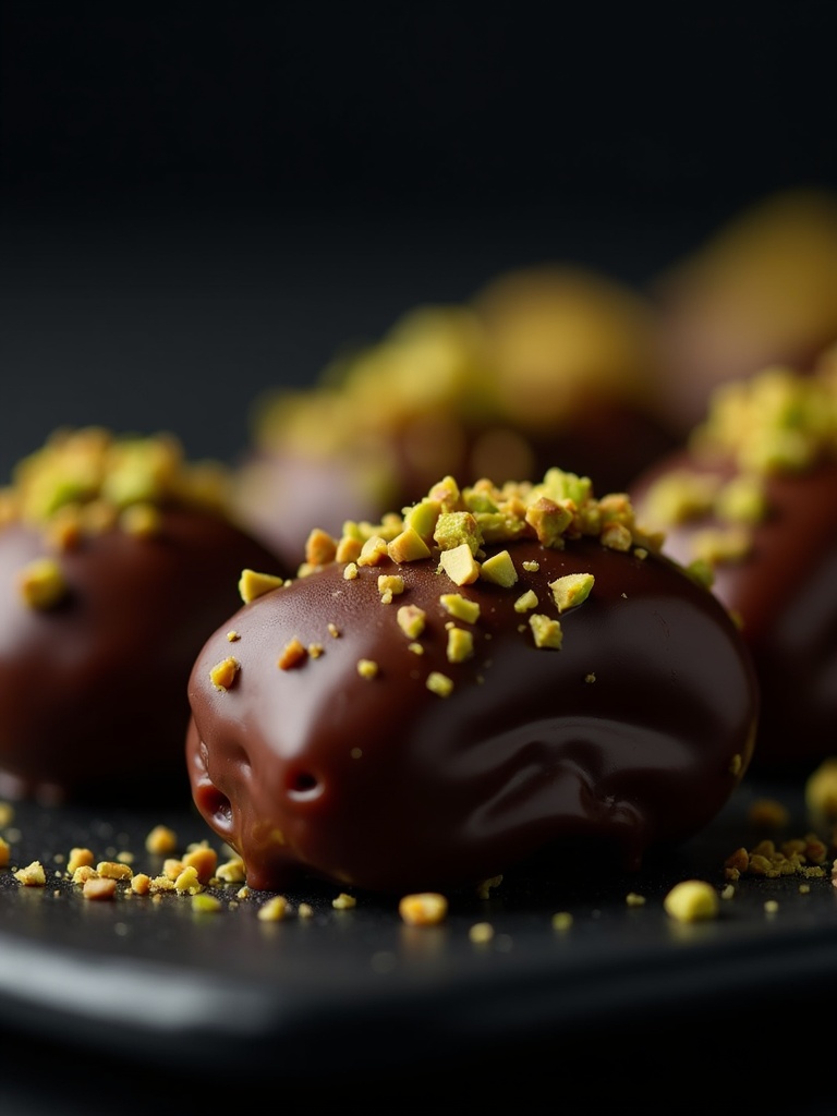 Finished chocolate-dipped dates with pistachio and gold