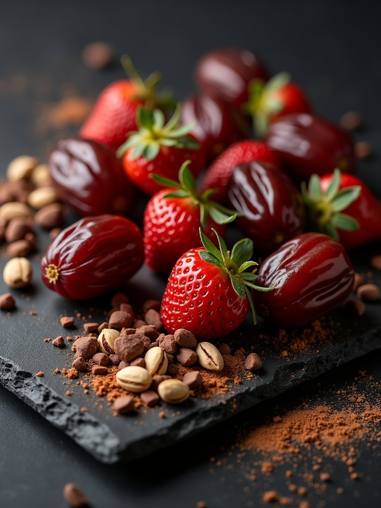 Fresh dates, strawberries and pistachios on slate